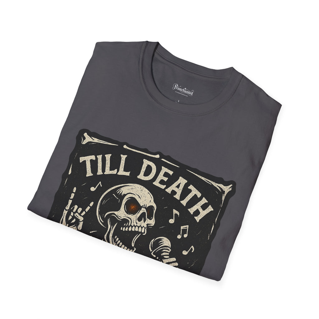 Rocking Skeleton T-Shirt with 'Till Death Do Us Rock!' Design, Halloween Shirt, Music Lover Gift, Unisex Graphic Tee, Fun Casual Wear