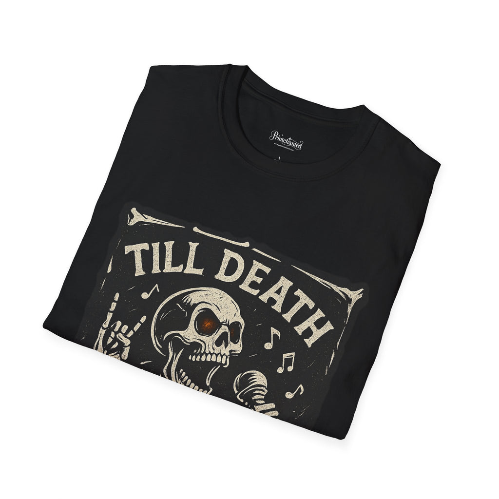 Rocking Skeleton T-Shirt with 'Till Death Do Us Rock!' Design, Halloween Shirt, Music Lover Gift, Unisex Graphic Tee, Fun Casual Wear