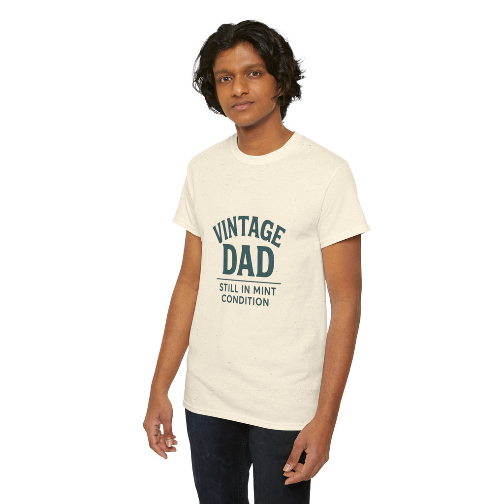 “Vintage Dad Still in Mint Condition – Funny Father’s Day Graphic Unisex Heavy Cotton T-Shirt, Retro Dad Gift Tee for Birthday, Father’s Day and other Holidays