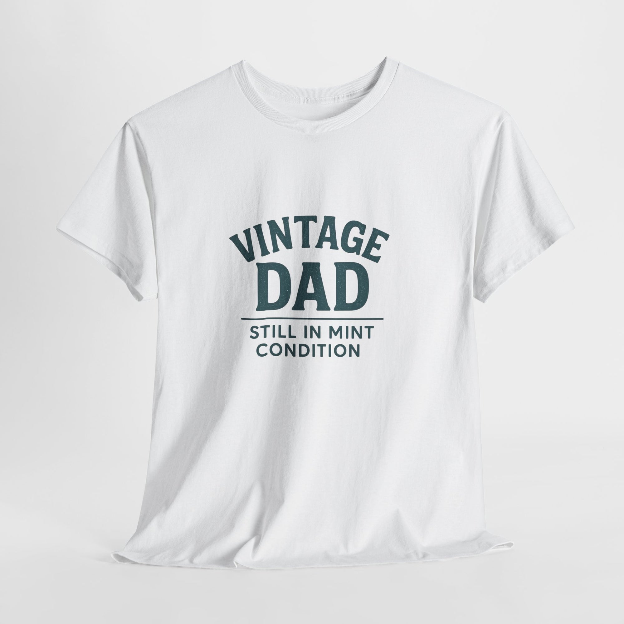 “Vintage Dad Still in Mint Condition – Funny Father’s Day Graphic Unisex Heavy Cotton T-Shirt, Retro Dad Gift Tee for Birthday, Father’s Day and other Holidays