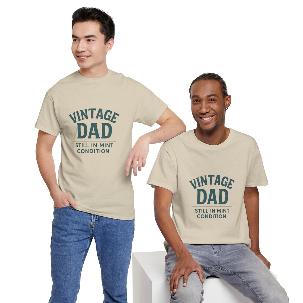 “Vintage Dad Still in Mint Condition – Funny Father’s Day Graphic Unisex Heavy Cotton T-Shirt, Retro Dad Gift Tee for Birthday, Father’s Day and other Holidays