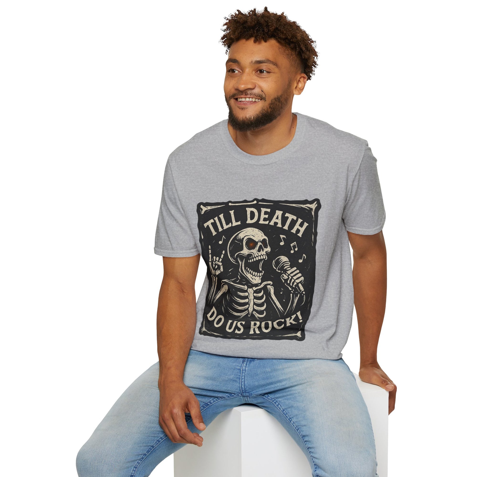 Rocking Skeleton T-Shirt with 'Till Death Do Us Rock!' Design, Halloween Shirt, Music Lover Gift, Unisex Graphic Tee, Fun Casual Wear