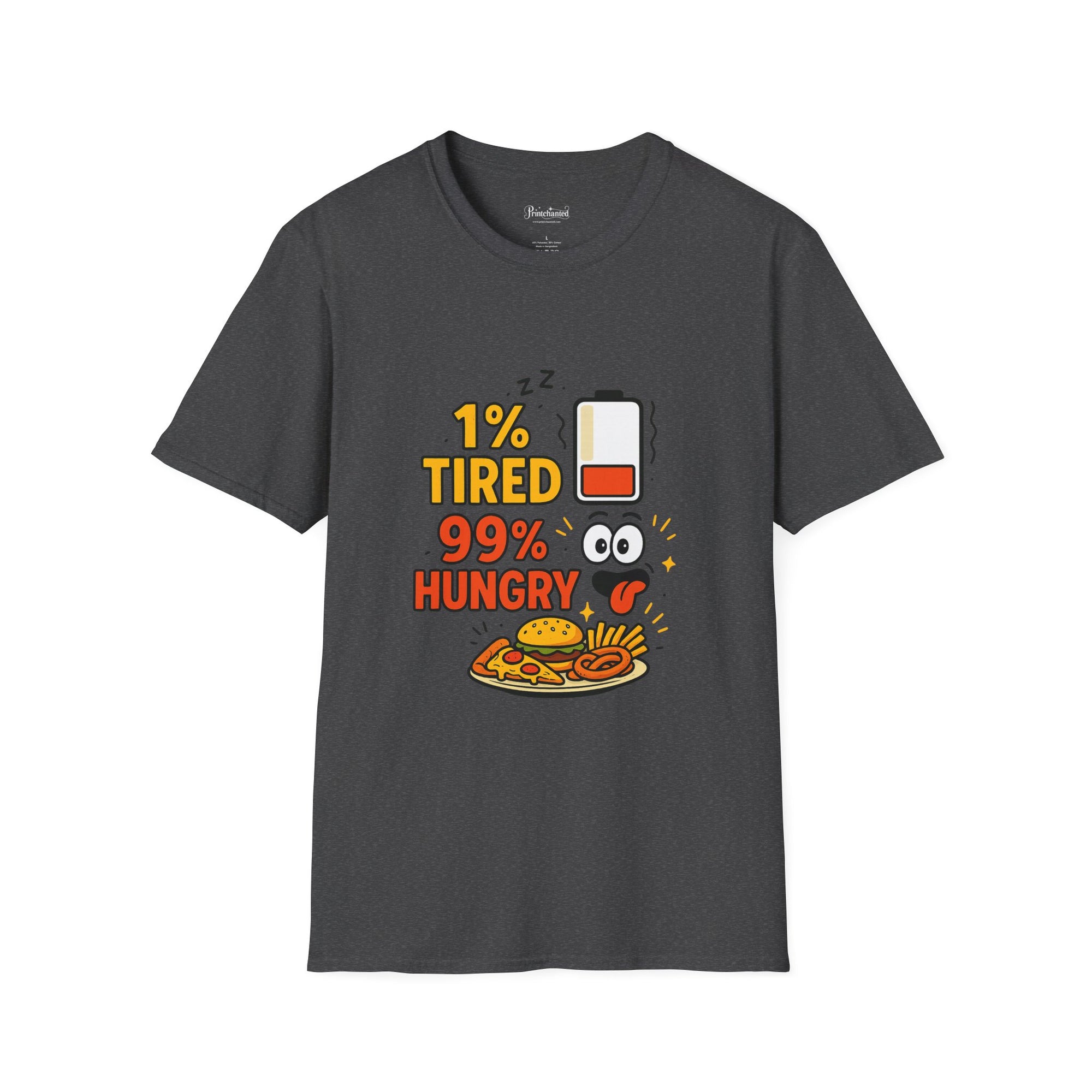 Funny Foodie T-Shirt, 1% Tired 99% Hungry Tee, Unisex Softstyle Shirt, Snack Lover Gift, Casual Wear, Food Humor Apparel