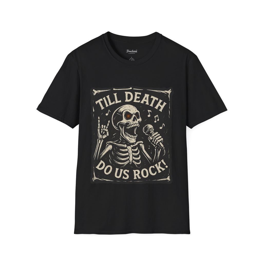 Rocking Skeleton T-Shirt with 'Till Death Do Us Rock!' Design, Halloween Shirt, Music Lover Gift, Unisex Graphic Tee, Fun Casual Wear