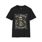 Rocking Skeleton T-Shirt with 'Till Death Do Us Rock!' Design, Halloween Shirt, Music Lover Gift, Unisex Graphic Tee, Fun Casual Wear