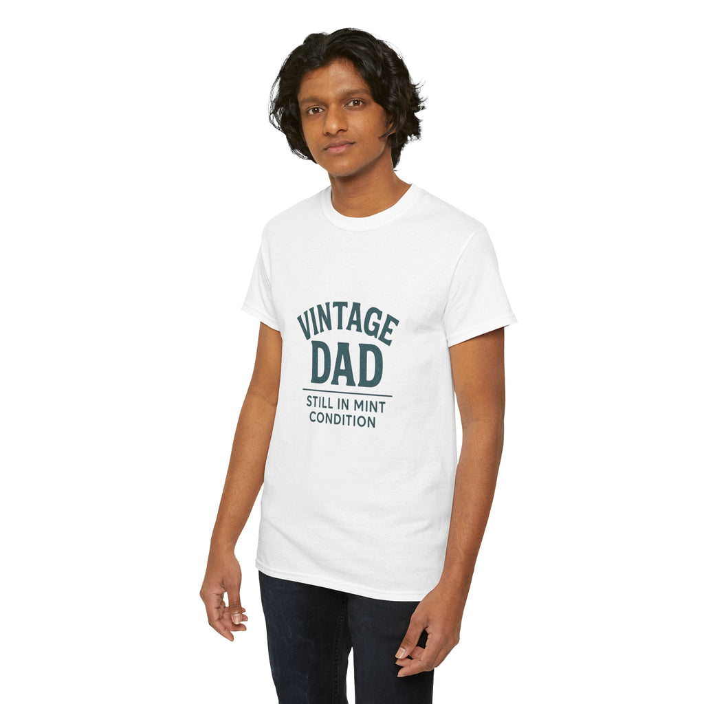 “Vintage Dad Still in Mint Condition – Funny Father’s Day Graphic Unisex Heavy Cotton T-Shirt, Retro Dad Gift Tee for Birthday, Father’s Day and other Holidays