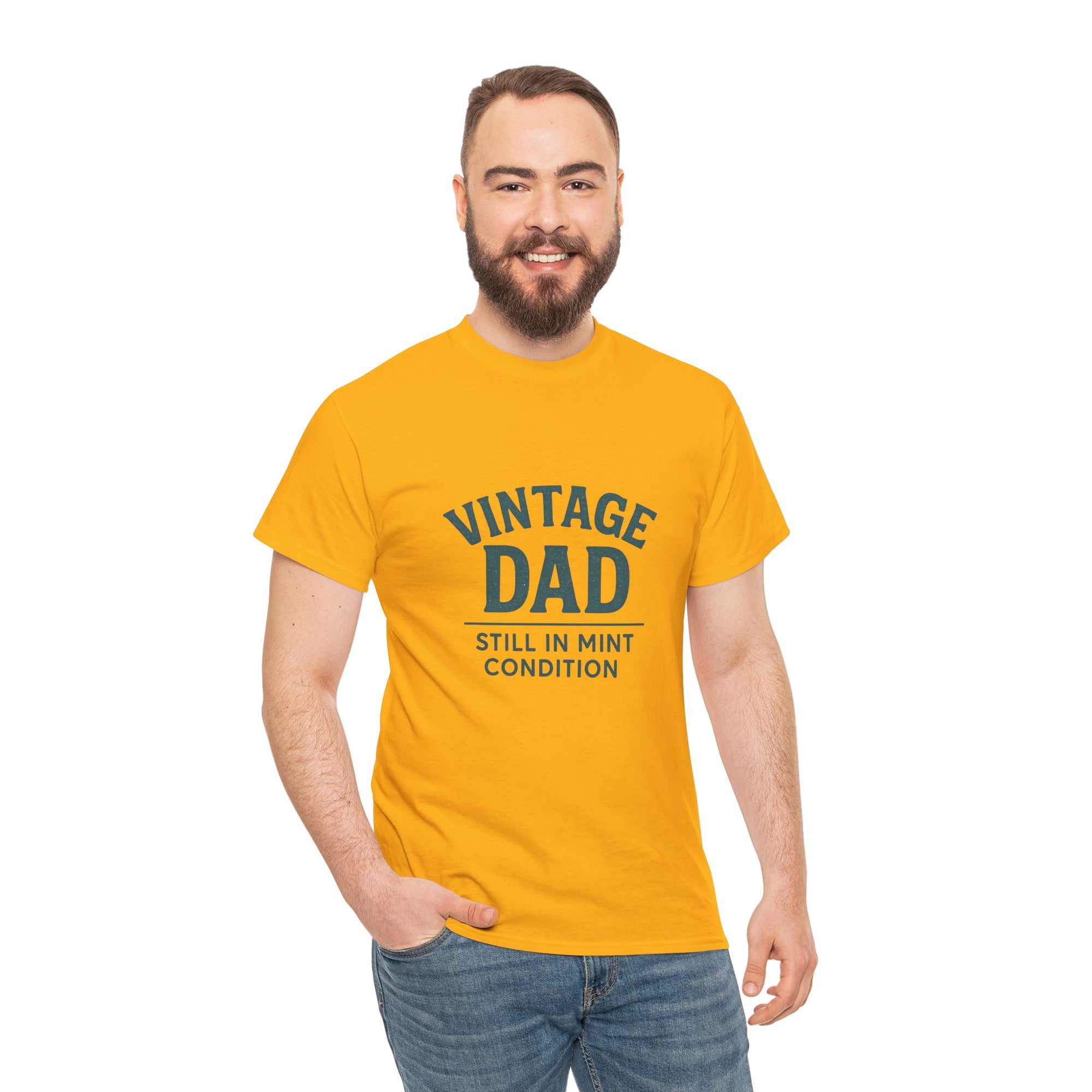 “Vintage Dad Still in Mint Condition – Funny Father’s Day Graphic Unisex Heavy Cotton T-Shirt, Retro Dad Gift Tee for Birthday, Father’s Day and other Holidays