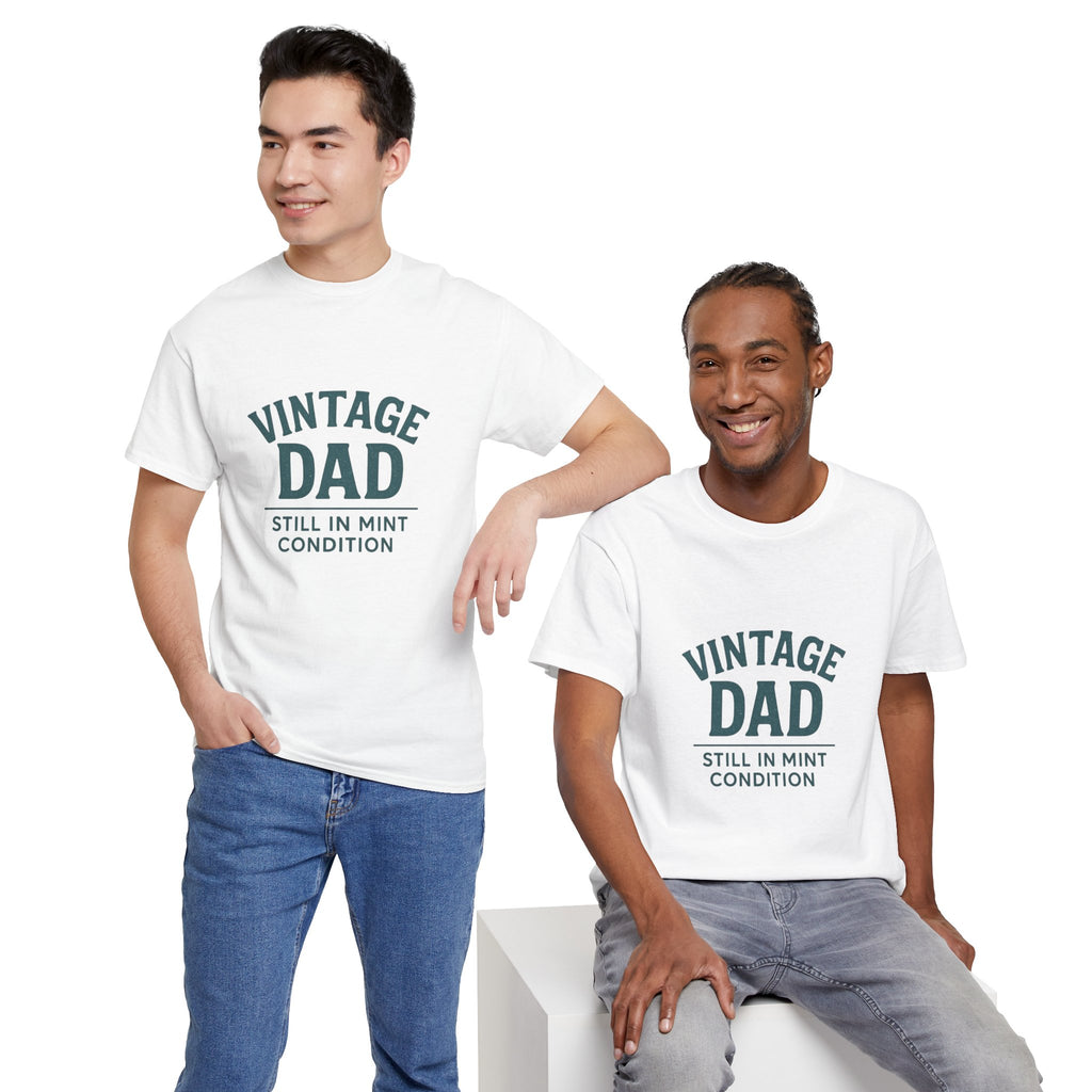“Vintage Dad Still in Mint Condition – Funny Father’s Day Graphic Unisex Heavy Cotton T-Shirt, Retro Dad Gift Tee for Birthday, Father’s Day and other Holidays
