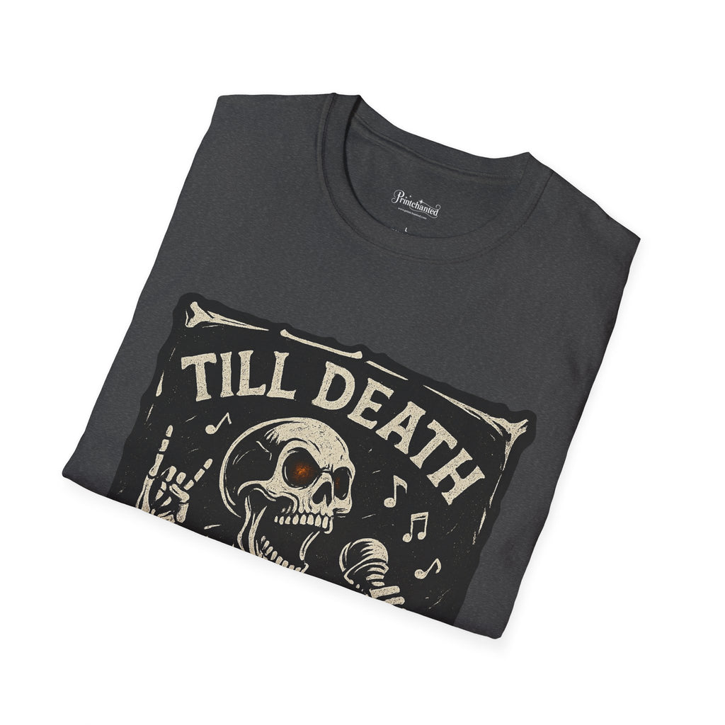 Rocking Skeleton T-Shirt with 'Till Death Do Us Rock!' Design, Halloween Shirt, Music Lover Gift, Unisex Graphic Tee, Fun Casual Wear
