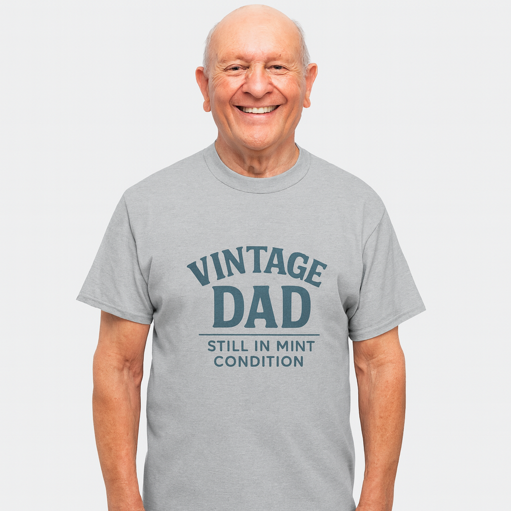 “Vintage Dad Still in Mint Condition – Funny Father’s Day Graphic Unisex Heavy Cotton T-Shirt, Retro Dad Gift Tee for Birthday, Father’s Day and other Holidays