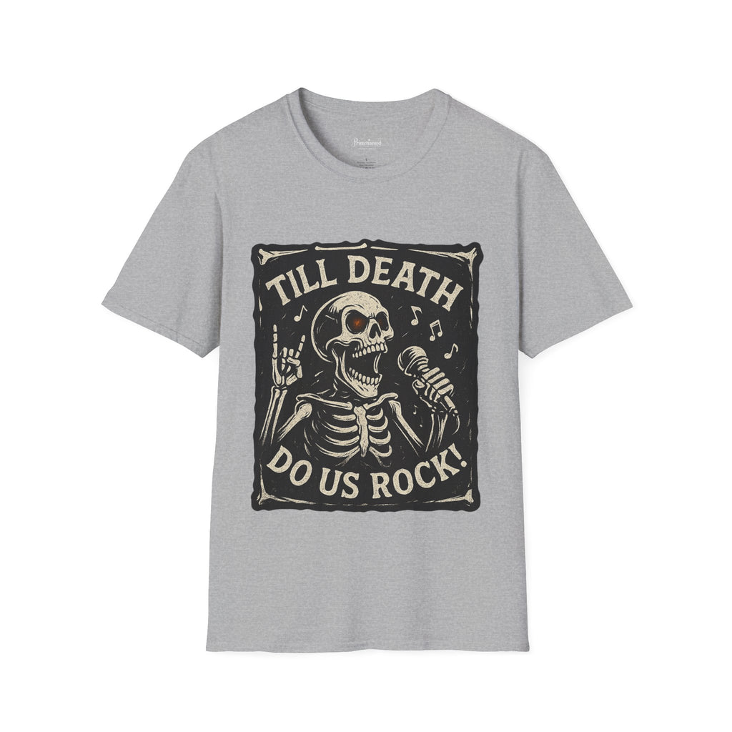 Rocking Skeleton T-Shirt with 'Till Death Do Us Rock!' Design, Halloween Shirt, Music Lover Gift, Unisex Graphic Tee, Fun Casual Wear