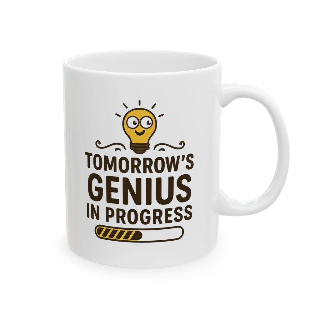 Funny Ceramic Coffee Mug - "Tomorrow's Genius in Progress", Gift for Students, Office Humor, Birthday, Graduation, Inspirational Drinkware