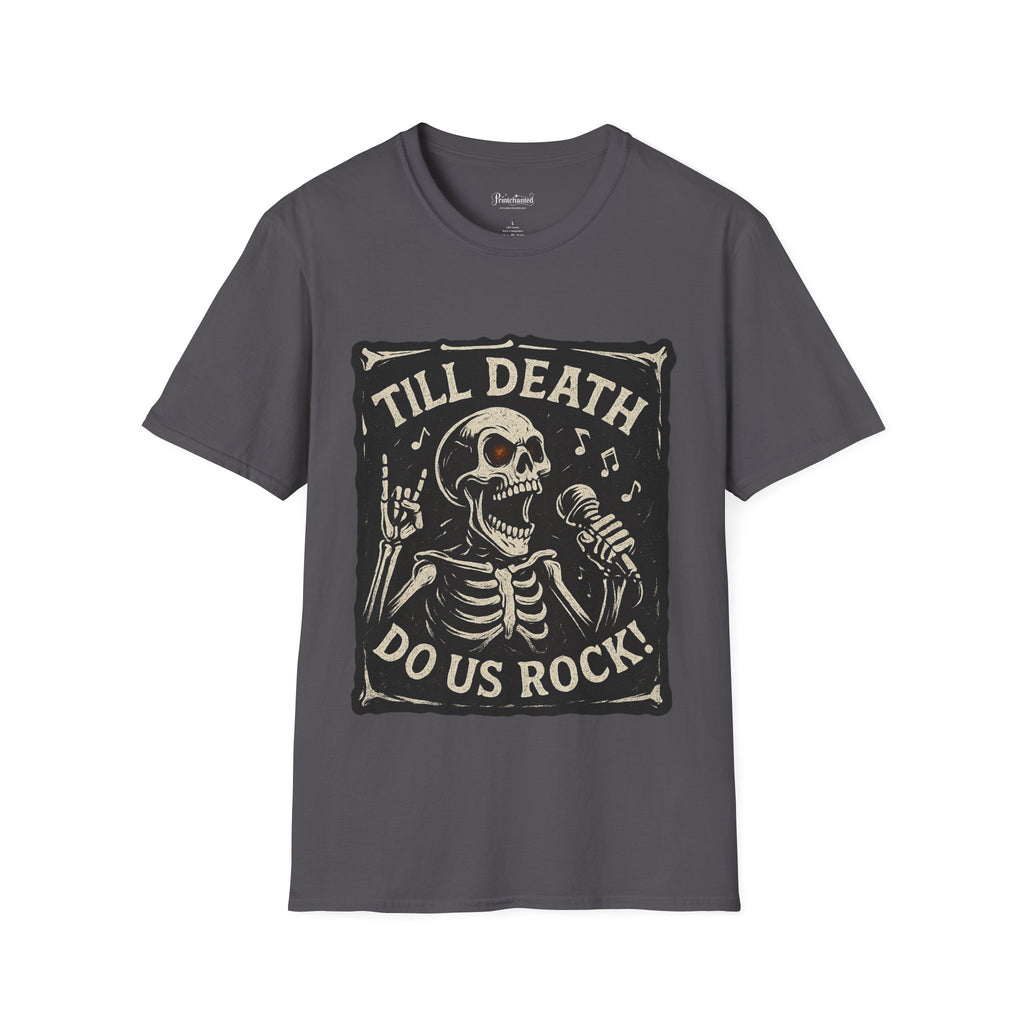 Rocking Skeleton T-Shirt with 'Till Death Do Us Rock!' Design, Halloween Shirt, Music Lover Gift, Unisex Graphic Tee, Fun Casual Wear