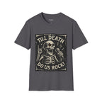 Rocking Skeleton T-Shirt with 'Till Death Do Us Rock!' Design, Halloween Shirt, Music Lover Gift, Unisex Graphic Tee, Fun Casual Wear