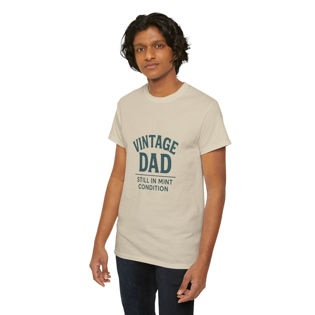 “Vintage Dad Still in Mint Condition – Funny Father’s Day Graphic Unisex Heavy Cotton T-Shirt, Retro Dad Gift Tee for Birthday, Father’s Day and other Holidays