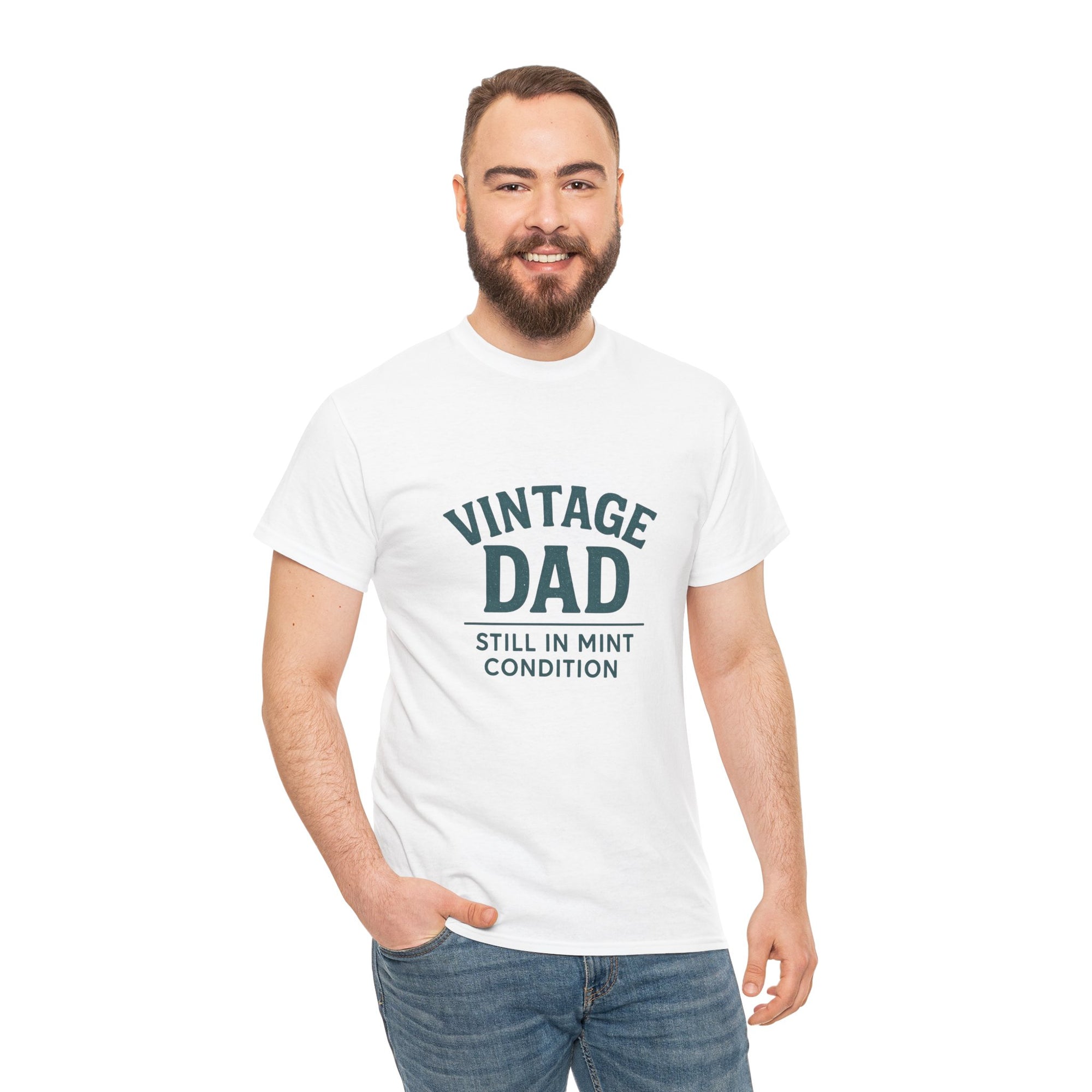 “Vintage Dad Still in Mint Condition – Funny Father’s Day Graphic Unisex Heavy Cotton T-Shirt, Retro Dad Gift Tee for Birthday, Father’s Day and other Holidays