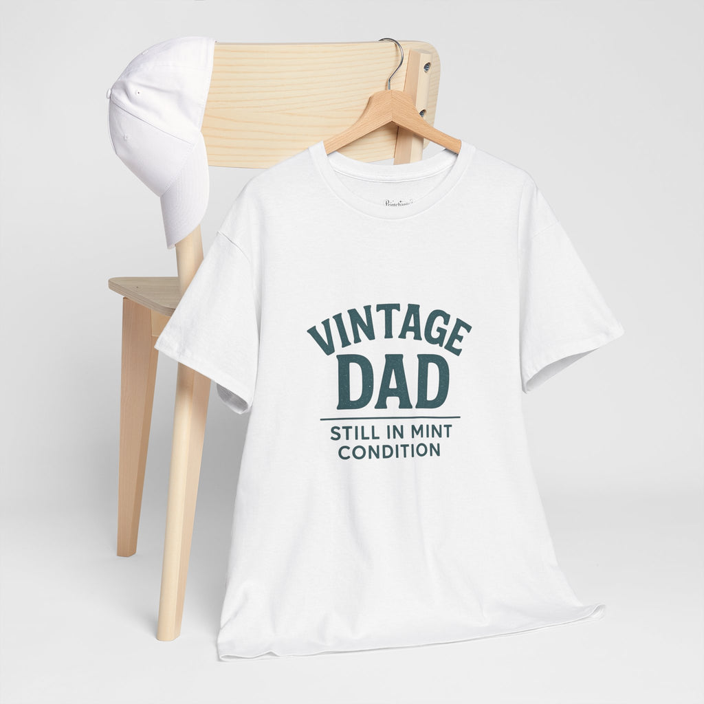 “Vintage Dad Still in Mint Condition – Funny Father’s Day Graphic Unisex Heavy Cotton T-Shirt, Retro Dad Gift Tee for Birthday, Father’s Day and other Holidays