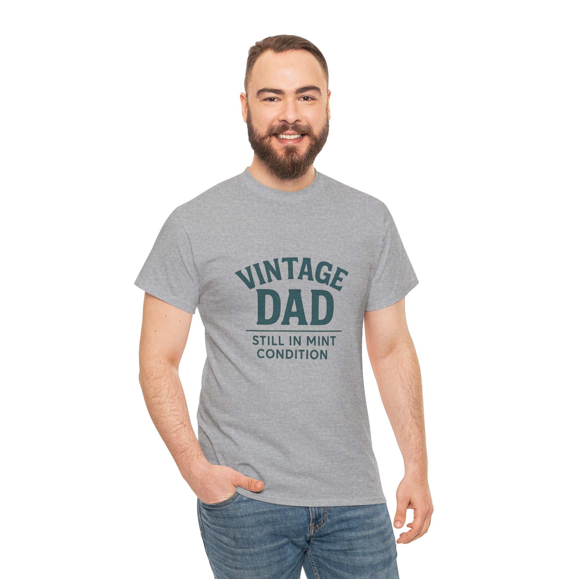 “Vintage Dad Still in Mint Condition – Funny Father’s Day Graphic Unisex Heavy Cotton T-Shirt, Retro Dad Gift Tee for Birthday, Father’s Day and other Holidays