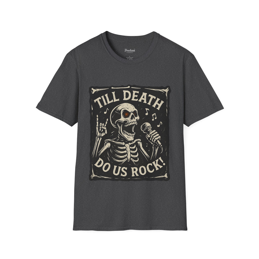 Rocking Skeleton T-Shirt with 'Till Death Do Us Rock!' Design, Halloween Shirt, Music Lover Gift, Unisex Graphic Tee, Fun Casual Wear