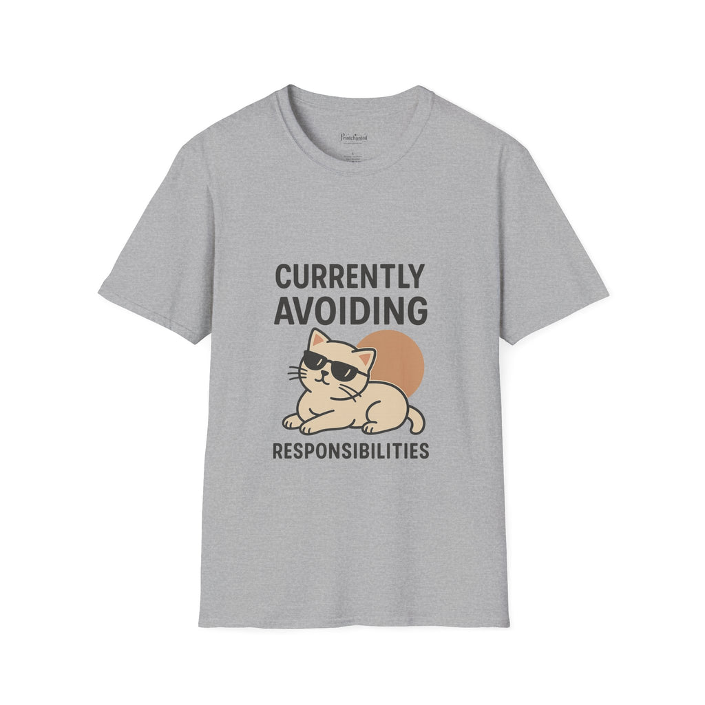 Currently Avoiding Responsibilities Funny Cat Graphic T-Shirt – Cute Lazy Kitty Tee for Pet Lovers, Humor Gift for Men and Women, Unisex Softstyle T-Shirt, Funny Tee, Gift for Cat Owners, Birthday Gift, Pet Humor Shirt