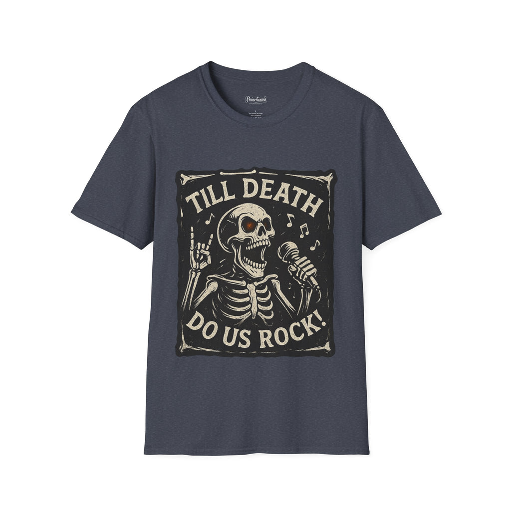 Rocking Skeleton T-Shirt with 'Till Death Do Us Rock!' Design, Halloween Shirt, Music Lover Gift, Unisex Graphic Tee, Fun Casual Wear